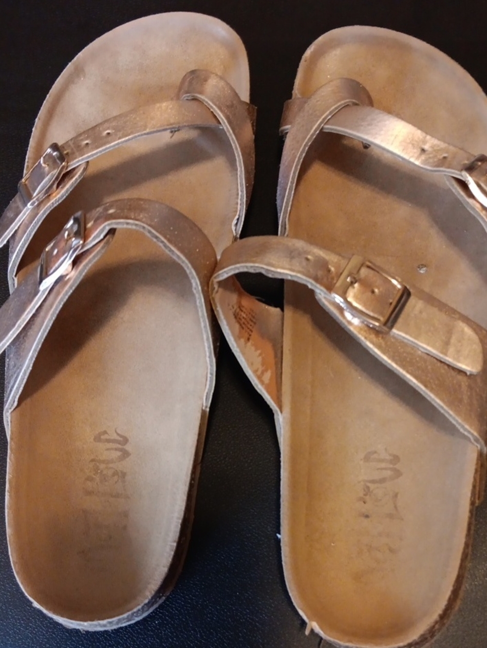 Women’s Metallic Buckle Slide Footbed Sandals - Bronze Size 9